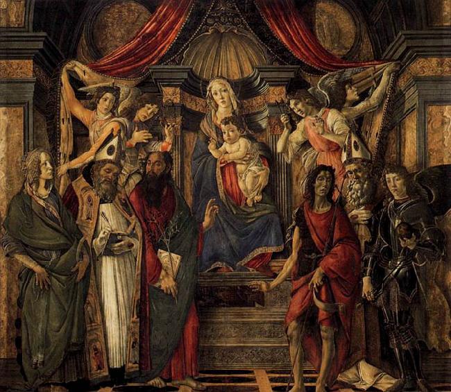 BOTTICELLI, Sandro The Virgin and Child with Four Angels and Six Saints oil painting image